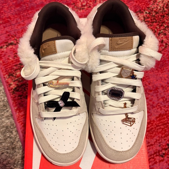 Nike Women's dunks (Low mink and jewels) white and tan with fur trim and charms - Picture 6 of 8